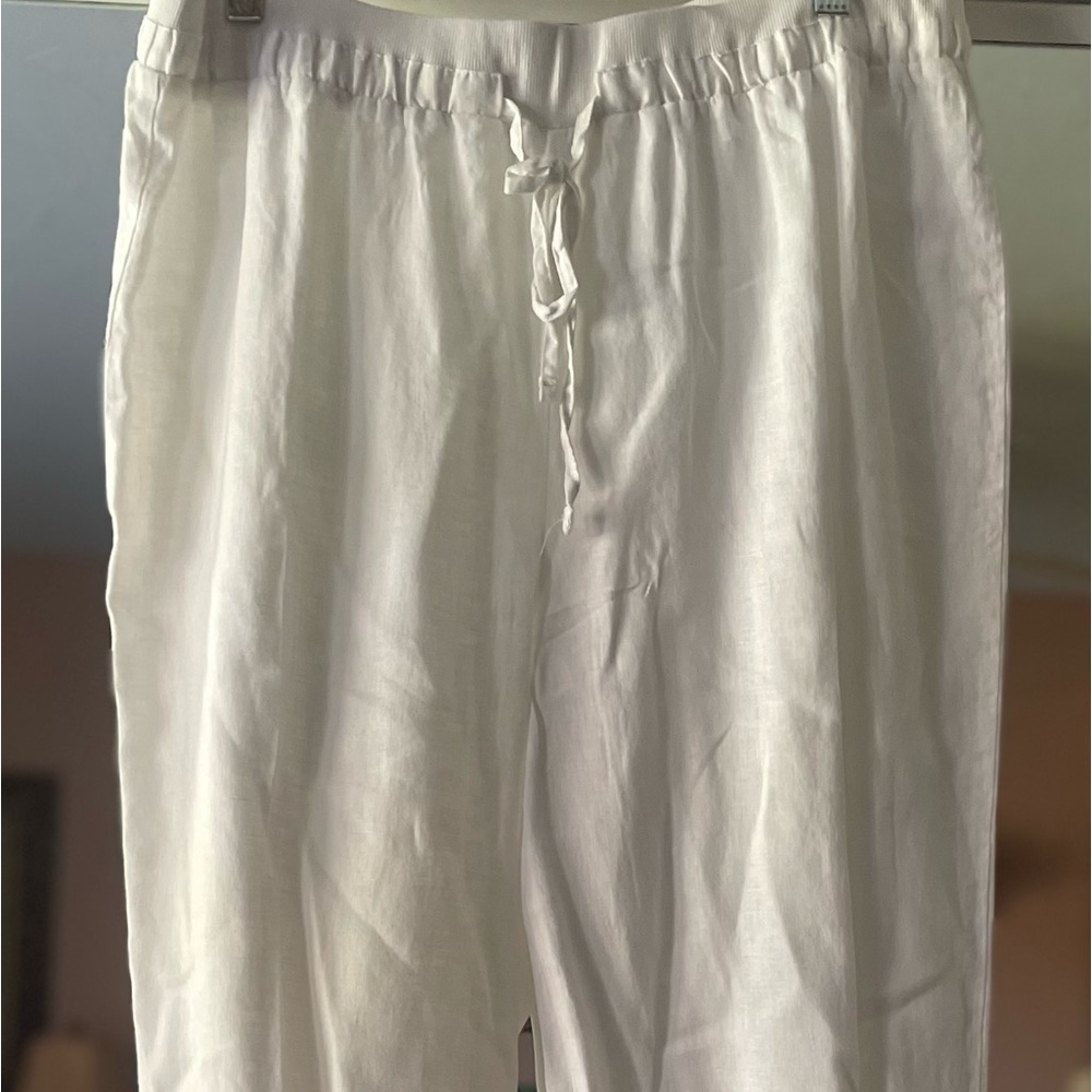 NWOT COMPANY Ellen Tracy White Linen Drawstring Waist Palazzo Pants L